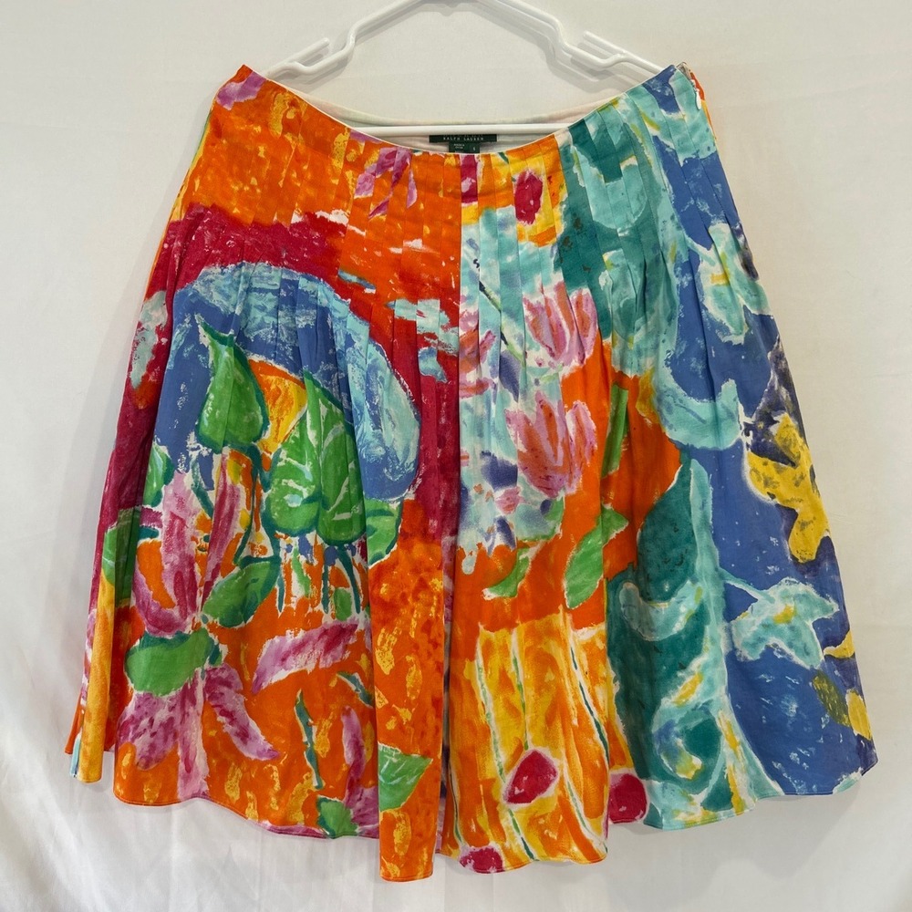 Lauren Ralph Lauren Abstract Floral Pleated Cotton Mini Skirt Multi Color Size 6